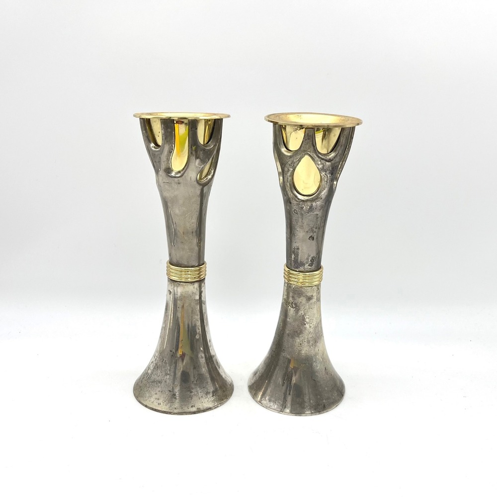 Vintage Tree of Life‎ Mixed Metal Candlesticks Silver Gold Tone Set of 2 8"